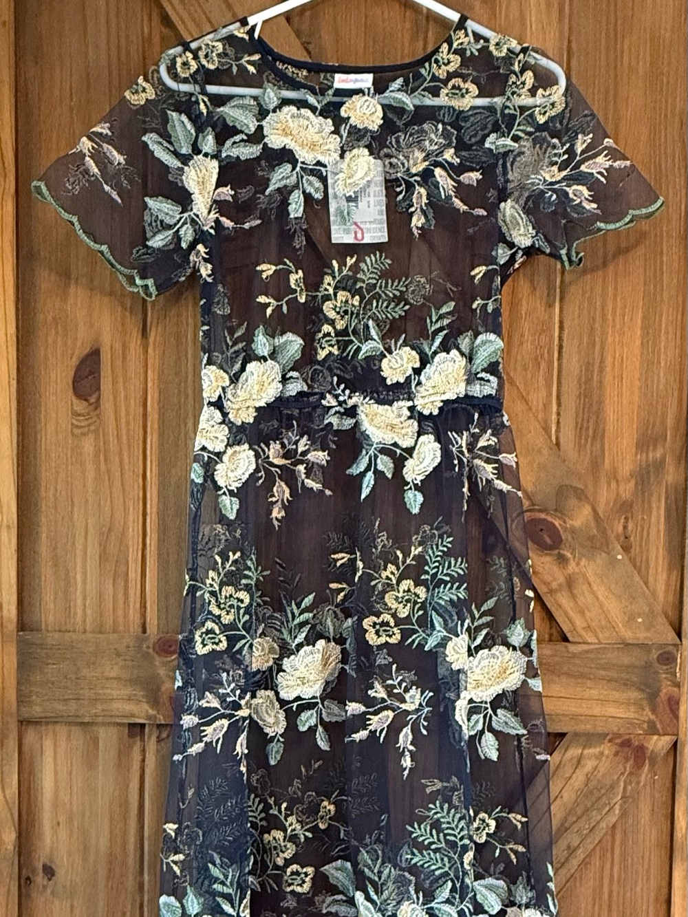 Floral Embroidered Navy Mesh Dress